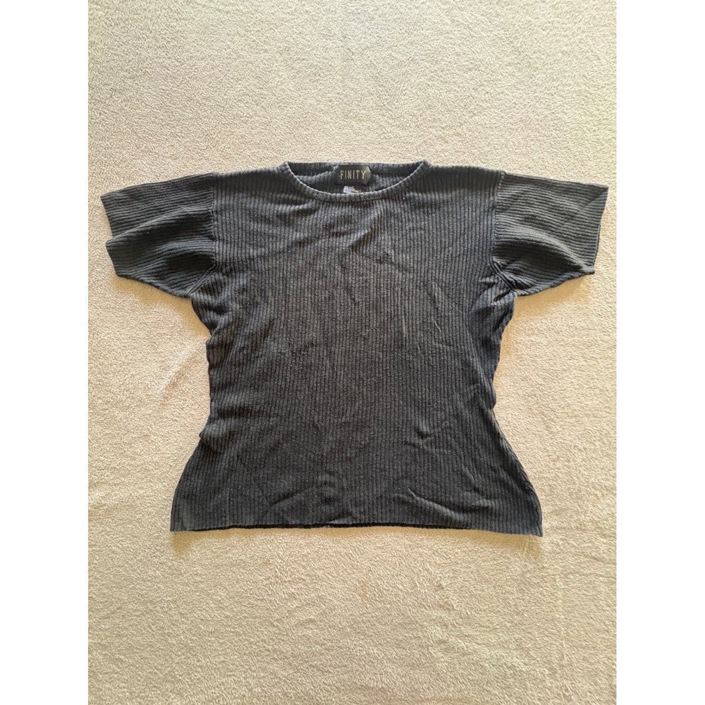 Finity Vintage Grey Ribbed Linen Cotton Blend Short Sleeve Crew Neck Top M